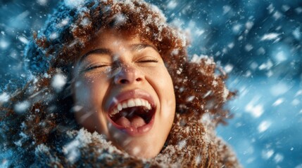 A joyful woman with curly hair laughs heartily amidst a snowy landscape, capturing the pure joy and exhilaration of winter in an enchanting snowy wonderland.