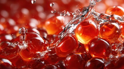 This mesmerizing image captures dynamic water splash mingling with iridescent amber bubbles, showcasing an exquisite play of light and texture in a vivid setting.