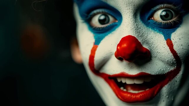 A person with a clown face painted on their face. The face is red and blue with a red nose
