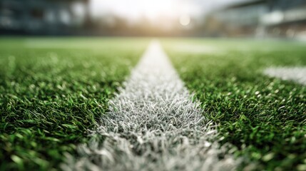 Sunlit Green Football Field with Visible White Lines Outdoor Sports Scene Close-Up Perspective Capturing Vibrant Athletic Environment