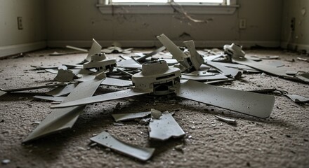 Broken ceiling fan debris scattered on a floor