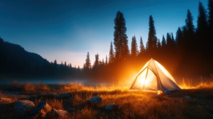 A beautifully lit camping tent stands in a misty forest at dusk, radiating warmth and inviting exploration, capturing the essence of adventure and the tranquility of nature.