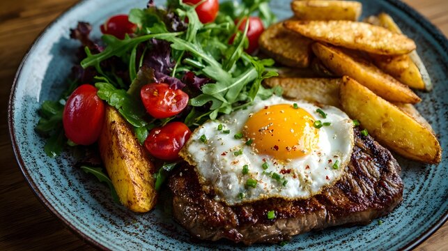 grilled steak with egg and vegetables - Powered by Adobe