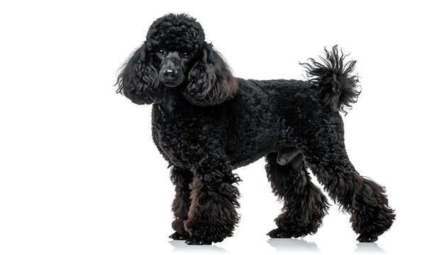 A refined black canine, likely a breed known for its grooming, poses on a white background. Its fur is tightly curled
