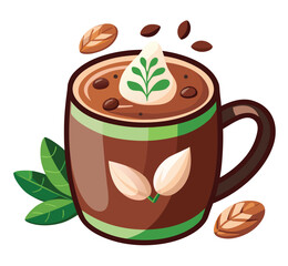 Delightful Vector Illustration of a Steaming Cup of Hot Chocolate Adorned with Artistic Leaves and Beans, Ideal for Food and Beverage Themes
