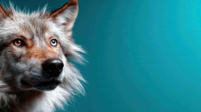 A stunning close-up of a wolf's face showcases its striking features, including heterochromatic eyes that reveal its wild beauty and captivating presence in nature.