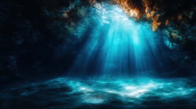 A breathtaking underwater scene illuminated by sunlight streaming from above, capturing the tranquil beauty and mystery of a submerged cave environment. - Powered by Adobe