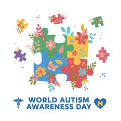 Fototapeta premium World Autism Awareness Day showcases vibrant puzzle pieces against a vector background of flowers and leaves, symbolizing autism with a flat medical illustration centered on health care