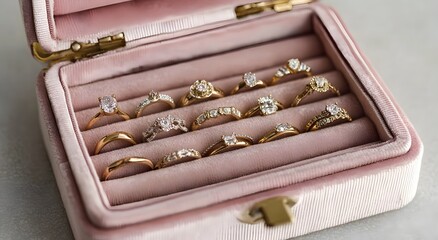 Elegant gold diamond rings displayed in a soft pink velvet jewelry box, perfect for weddings, engagements, or luxury fashion accessories.