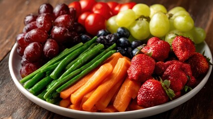 A vibrant and healthy array of fresh fruits and vegetables arranged artistically on a plate, showcasing the diversity and nutrition of wholesome food options.