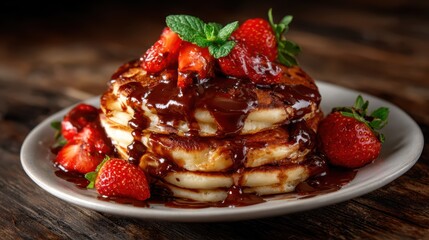 Indulge in a stack of fluffy pancakes topped with rich chocolate sauce and fresh strawberries, perfect for a delightful breakfast or brunch experience.