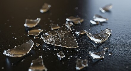 Broken glass fragments scattered on a dark surface with reflections