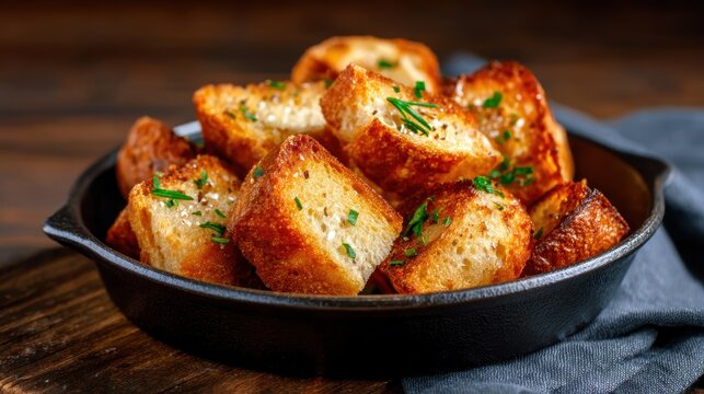 A skillet filled with delicious golden-brown crispy bread cubes, garnished with fresh herbs, making them a perfect side dish or snack for a delightful culinary experience.