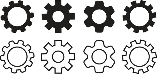 Gear setting flat, line icon set. Mechanical engineering and industrial tool symbol, system process control and machinery vectors and technology cogwheel silhouette isolated on transparent background.