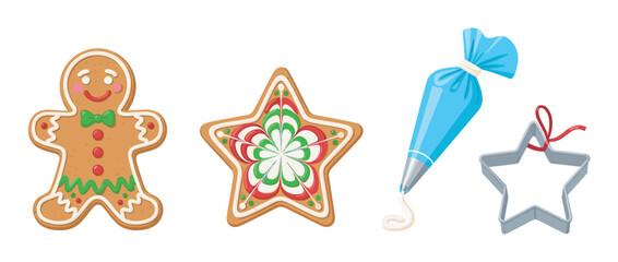 Colorful collection of festive gingerbread cookies, icing bag, and star-shaped cookie cutter for holiday baking inspiration.