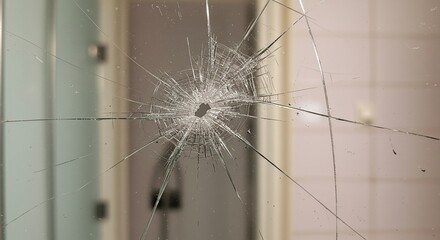 Broken glass surface with shattered pattern and cracks close up