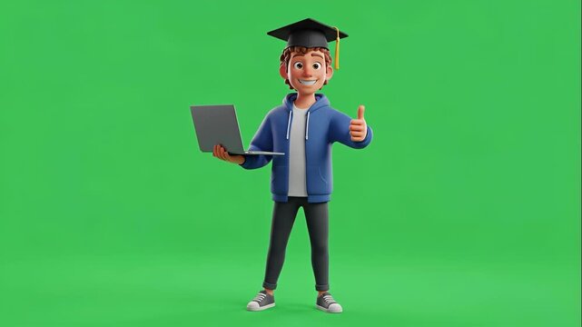 Cartoon Software Engineer Graduation - A cartoon Software Engineer wearing a graduation cap and holding a laptop computer stands on a green screen background.