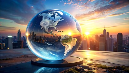 A reflective glass sphere displays continents against a cityscape and a radiant sunset. Buildings and sunlight create a warm, hopeful ambiance