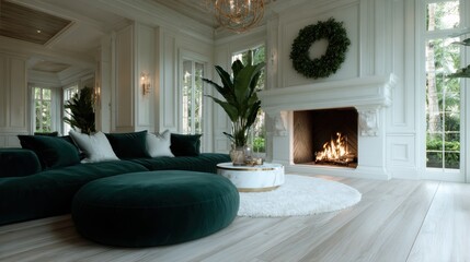 A stylish and bright living room, featuring a cozy fireplace, lush green plants, and elegant furnishings, creating a serene and inviting atmosphere for relaxation.