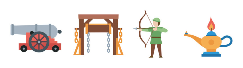 Four colorful icons depicting medieval objects: a cannon, a wooden gallows, an archer with a bow, and a genie lamp.