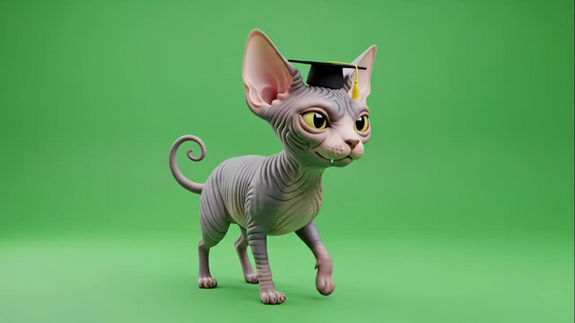 Cartoon Sphynx Cat with Graduation Cap - A full-body 3D video of a cartoon Sphynx cat, complete with a graduation cap, is shown against a vibrant green background.