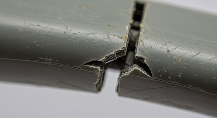 Broken gray plastic pipe damage close up on white background