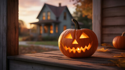Obraz premium A warmly lit jackolantern sits on a porch, with a house in the background, evoking a cozy halloween atmosphere at dusk during the autumn season