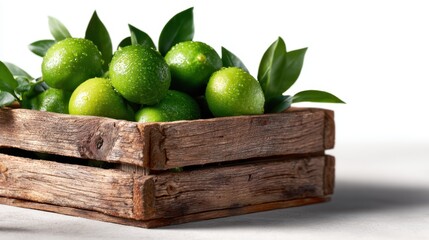 A rustic wooden crate filled with fresh, vibrant green limes, showcasing their dewy skin and healthy leaves, highlighting the appeal of fresh produce and natural beauty.