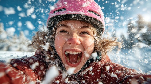 A joyful girl exuberantly enjoying a snowy landscape, capturing the thrill and excitement of winter play as she revels in the beauty and fun of snow-filled activities.