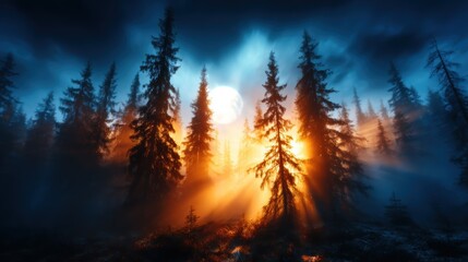 A magical forest scene illuminated by a warm sunset glow creates an enchanting atmosphere, highlighting nature's beauty and evoking a sense of wonder and tranquility.