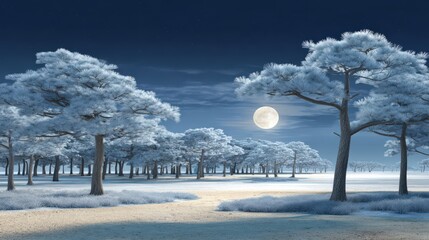Serene moonlit winter landscape with snowy trees and soft light