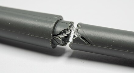 Broken gray plastic pipe isolated on white background damage and fracture