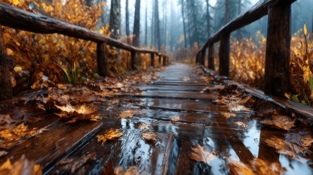 A serene wooden pathway glistens with rain amidst a vibrant autumn forest, with fallen leaves adding warmth to the tranquil atmosphere exemplifying nature's beauty.