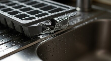 Broken ice tray and water in kitchen sink close up view