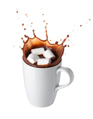 Hot chocolate splash with marshmallows isolated on transparent background