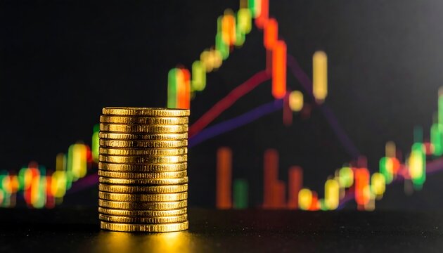 A stack of golden coins stands before a blurry candlestick chart, illustrating financial investments and growth