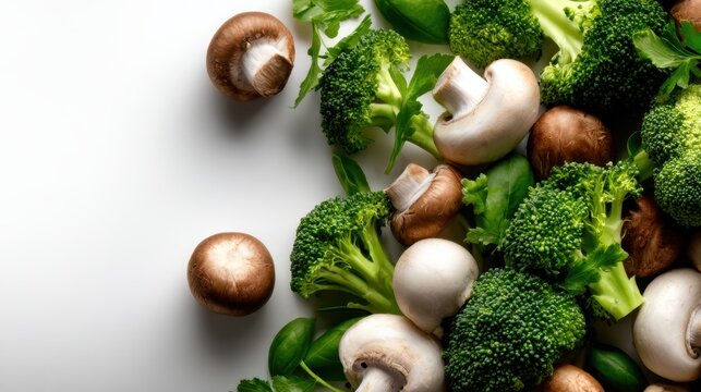 An aesthetically pleasing layout of fresh mushrooms and vibrant broccoli on a clean surface, showcasing the beauty of healthy ingredients ready for culinary creativity.
