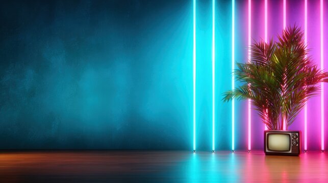 A retro television set stands amidst vibrant neon lights in a contemporary setting, blending nostalgia with modern art, ideal for creative media and technology themes. - Powered by Adobe