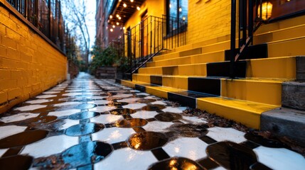 A vibrant, artistic walkway featuring striking yellow stairs and black-and-white patterned tiles that invite users to explore and appreciate the unique urban design.