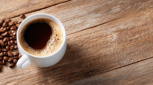 A serene and inviting scene featuring a white cup filled with rich black coffee, set against a rustic wooden background adorned with coffee beans, evoking warmth and comfort.