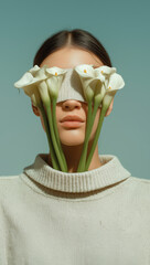 A stylized portrait of a woman with her eyes obscured by blooming white calla lilies, set against a teal backdrop. A conceptual blend of fashion and nature.