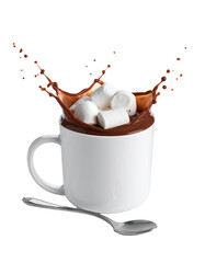 Hot chocolate splash with marshmallows isolated on transparent background