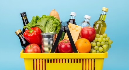 Groceries in Yellow Shopping Basket on Blue Background, Food Shopping