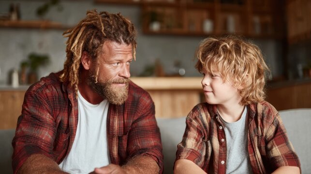 A heartwarming moment between a father and son as they share a cozy interaction on a sofa, with expressions of trust and love, showcasing the bonds of family and togetherness. - Powered by Adobe