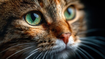 An intricate close-up of a cat’s face captures the mesmerizing details in the large green eye, showcasing the elegance and allure of feline beauty.