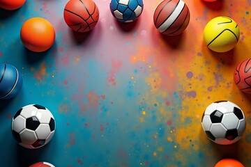 Aerial View of Colorful Sports Equipment Arranged in Abstract Pattern on a Metallic Surface
