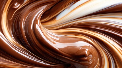 An enticing close-up of a swirling chocolate mixture, illustrate its creamy texture and rich colors, showcasing indulgence and culinary delights in a dynamic way.
