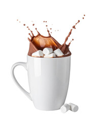Hot chocolate splash with marshmallows isolated on transparent background