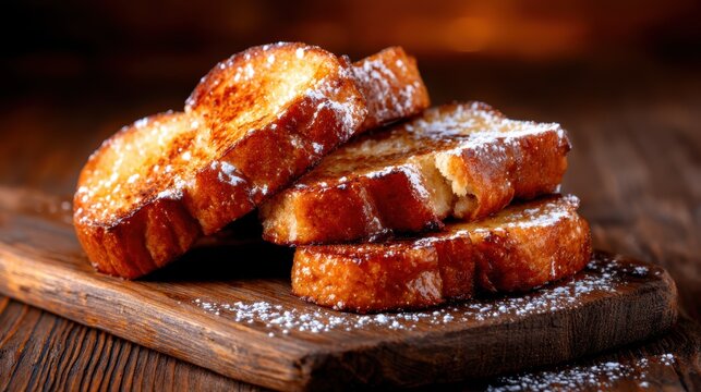 A tempting stack of golden brown French toast dusted with powdered sugar sits elegantly on a rustic wooden board, showcasing deliciousness that invokes joy and comfort.