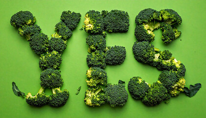 Broccoli florets spell out “YES” on a green backdrop, blending healthy food with playful affirmation.